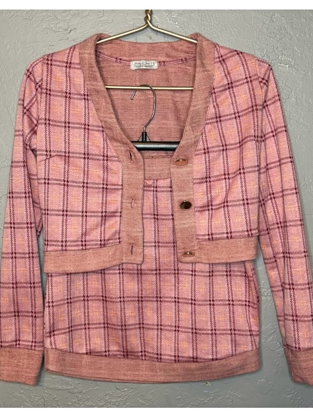 Classic Pink Plaid Cropped Cardigan & Tank Sweater Set